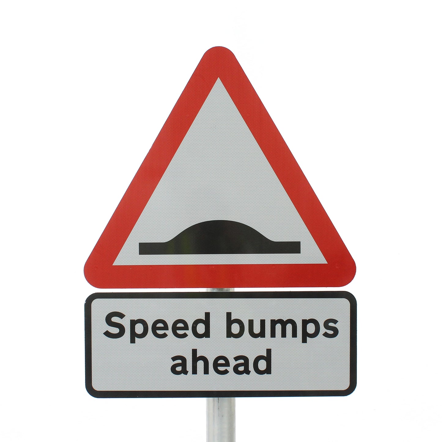 A road sign warning of speed bumps ahead, featuring a red-bordered triangle with a black speed bump symbol above a rectangular white sign that reads 'Speed bumps ahead' in black text.