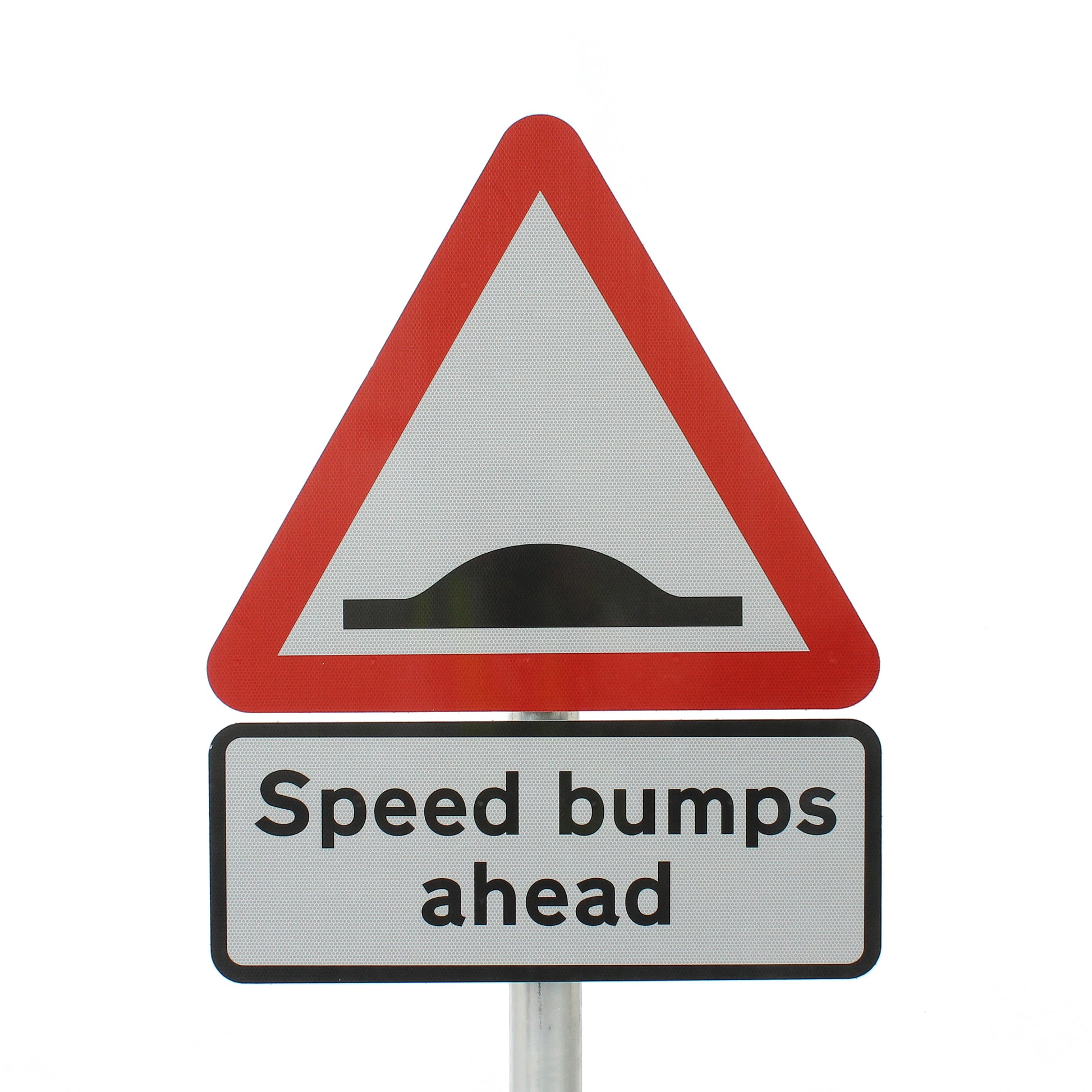 A road sign warning of speed bumps ahead, featuring a red-bordered triangle with a black speed bump symbol above a rectangular white sign that reads 'Speed bumps ahead' in black text.